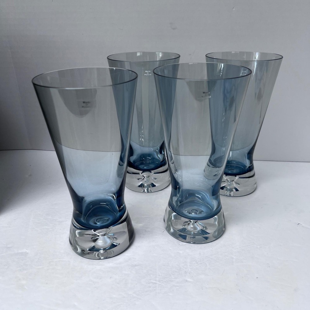 Movado Rare Art Glass Tumblers Set of 4 Blue Clear Two Tone‎ Flared Top